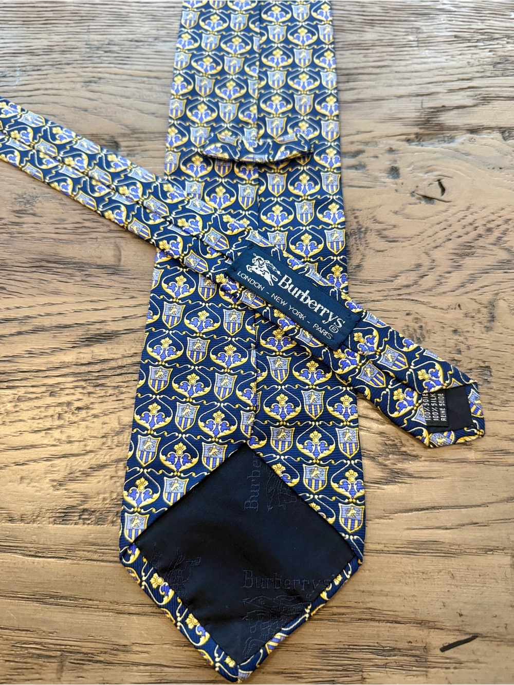 Burberry Crest-Pattern Silk Tie in Navy and Yellow